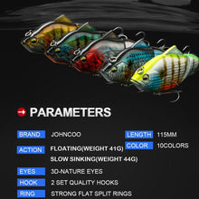 Load image into Gallery viewer, JOHNCOO 115mm Vibration SW Floating Fishing Lure Lipless Crankbaits Sinking Hard Plastic Artificial VIB Bait Bass Fishing Tackle