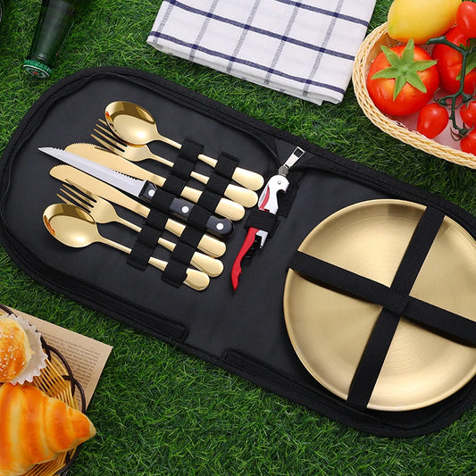 10-Piece Stainless Steel Camping Cutlery Set with Storage Bag