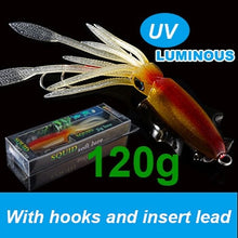 Load image into Gallery viewer, SUNMILE Fishing Soft Squid Lure 20g/60g/80g/100g/120g/150g Luminous/UV Squid Jig Fishing Lures For Sea Fishing Wobbler Bait
